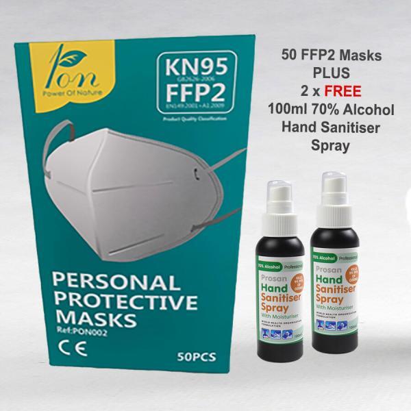 PN1570 FFP2 KN95 3 Ply Face Masks Plus 2 x 100ml 70% Alcohol Hand Spray