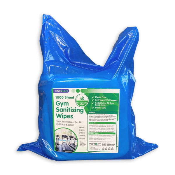 Biodegradable Gym & Hand Sanitising Wipes for use in all gyms, fitness suites, leisure centres and home. Equipment Safe.